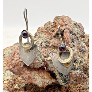 Vtg Modernist 925 Lewis Heubner "L&H" Two Tone Sterling Silver Dangle Earrings